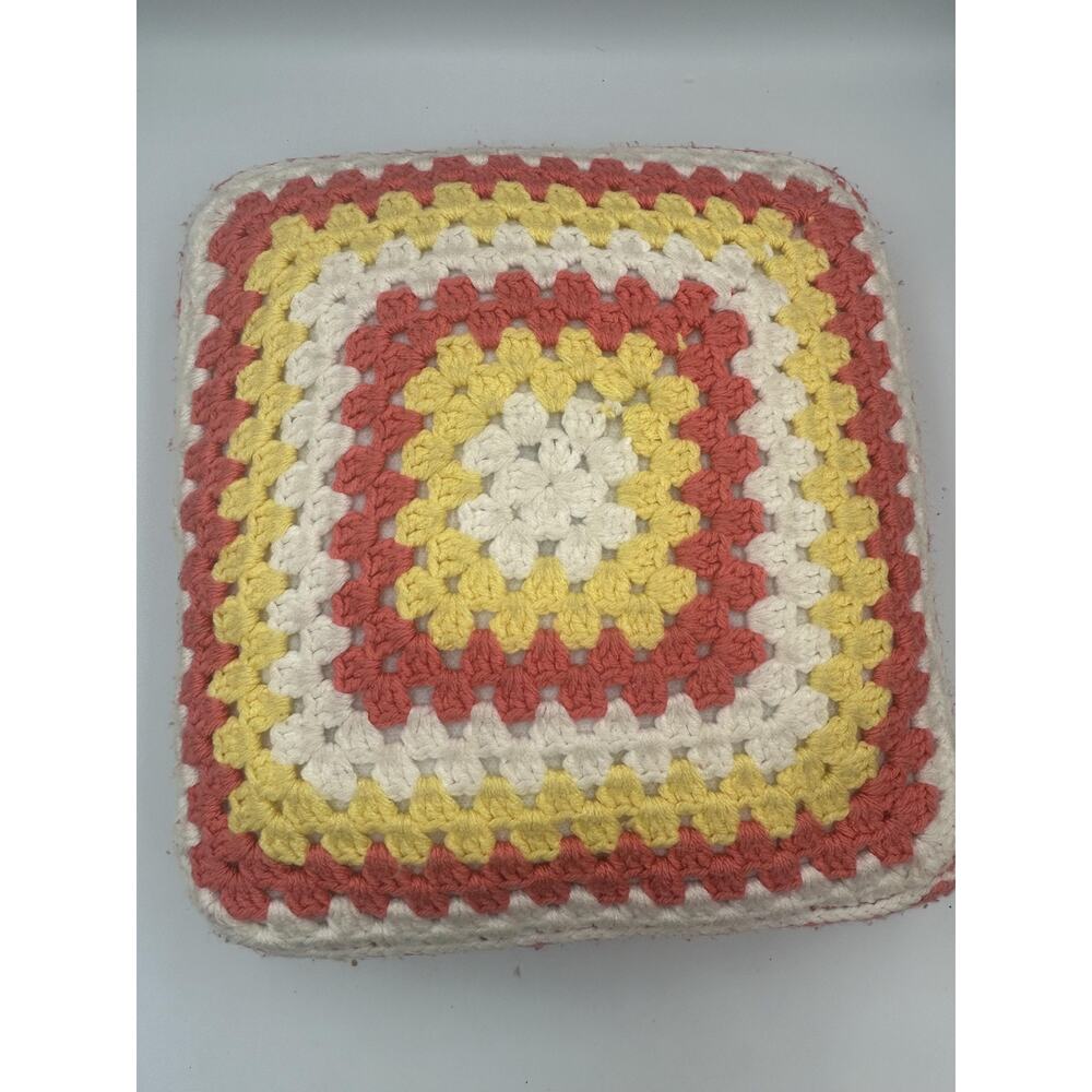 Handmade Crochet Throw Pillow 14x14 Pink Yellow Boho Granny Square Cushion Soft